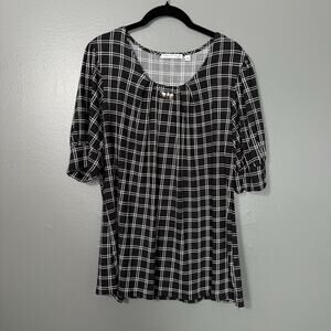 Notations Black & White Windowpane Career Blouse - 1X - Women's Plus Size Top
